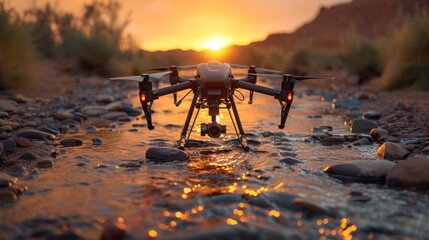 Fototapeta na wymiar Technology drone flying to monitor above river analysis to drought crisis.