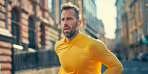 man in his thirties with short hair and beard wearing running gear, generative AI