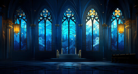 Gothic style stained glass windows in blue and gold - obrazy, fototapety, plakaty