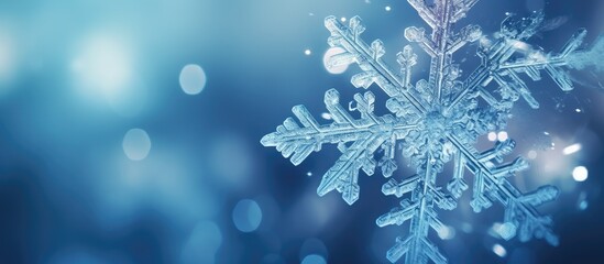 A delicate snowflake displayed against a softly blurred blue background