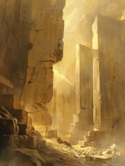 Ancient ruins with mystical hieroglyphs and light - This striking image captures towering ancient ruins with mystical hieroglyphs bathed in a transcendent light, invoking a sense of mystery