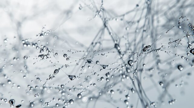Fine water droplets on delicate spiderweb - This soothing image captures fine water droplets clinging to a delicate spiderweb, reflecting tranquility and fragility