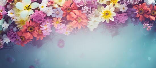 Obraz premium Various vibrant flowers of different hues stand out beautifully against a serene blue background