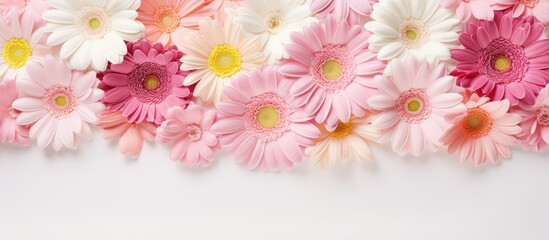 Pink and white flowers neatly arranged in a line on a clean white tabletop