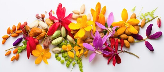 Various flowers and nuts arranged closely on a clean white surface, creating a vibrant and textured display