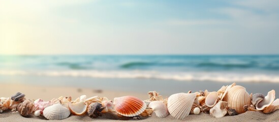 Obraz na płótnie Canvas Row of assorted seashells arranged neatly along the sandy beach