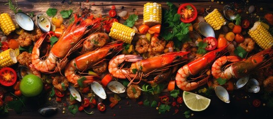 Close-up of a delicious platter featuring shrimp, corn, and assorted vegetables