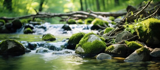 Calm stream winding through a dense forest carpeted with vibrant green moss, creating a serene...