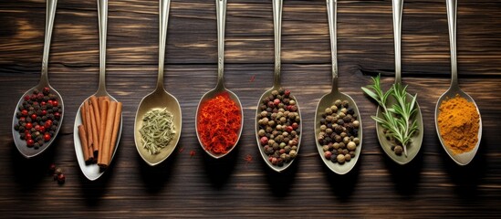 Various spoons filled with an assortment of different spices lined up in a row