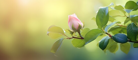 A budding pink rose stands out among vibrant green leaves on a branch in full bloom - obrazy, fototapety, plakaty