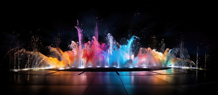 Vibrantly colored streams of water shooting into the air, lighting up a dimly lit room