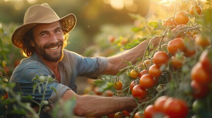 Gardener man tending and harvesting red tomatoes in organic farm.