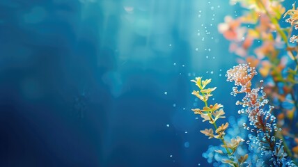 Fototapeta na wymiar Underwater scene with plant life and bubbles against blue gradient background