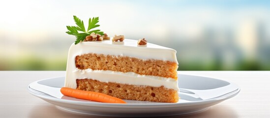 Plate with a slice of delicious carrot cake next to a fresh carrot for a tasty treat
