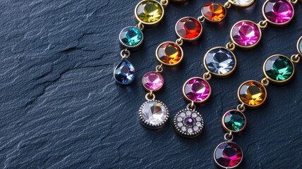 Colorful gemstone pendants scattered on dark slate background, with variety of shapes and sizes