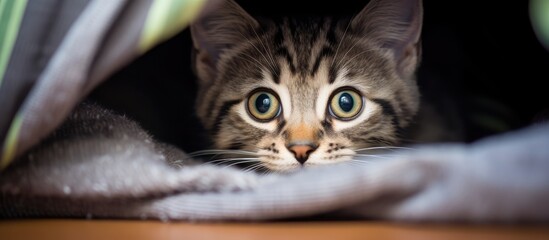 Peeking from under a blanket, a feline conceals itself in a cozy spot - obrazy, fototapety, plakaty