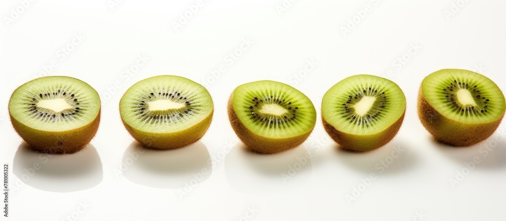 Poster Halved kiwis, four in total, displayed on a clean white surface