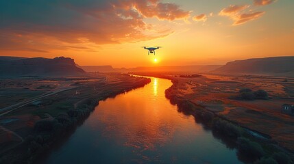 Technology drone flying to monitor above river analysis to drought crisis. - obrazy, fototapety, plakaty