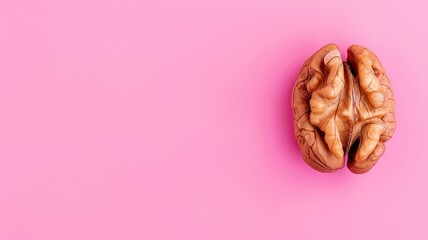 Realistic human brain model placed centrally against bright pink background with plenty of copy space - obrazy, fototapety, plakaty