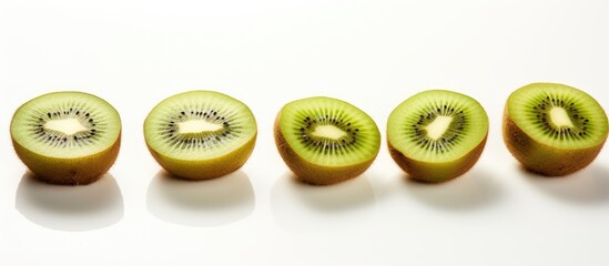 Halved kiwis, four in total, displayed on a clean white surface