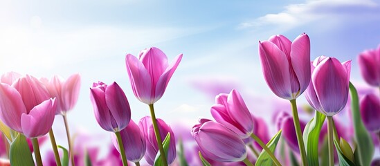 Lush purple tulips bloom abundantly in a vast field against a backdrop of a serene, azure sky