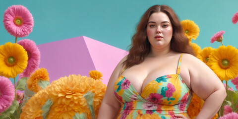 AI generated portrait of a beautiful voluptuous young woman in a floral setting wearing a summer dress with flowers