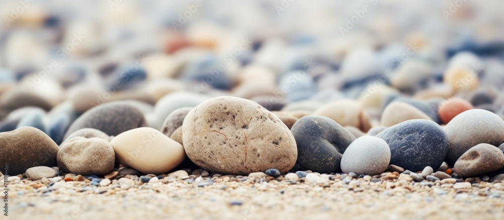 Poster Pile of assorted rocks and stones resting on the sandy beach near the ocean edge