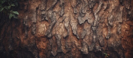 A detailed view of a tree trunk with a small plant growing on its surface, showcasing nature's...