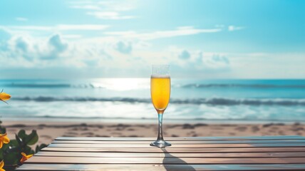 Glass of orange beverage on beachside wooden table with tranquil sea and blue sky in background