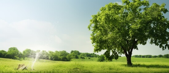 Individual gently sprinkling water on a young tree standing in a lush green field under the clear sky - obrazy, fototapety, plakaty