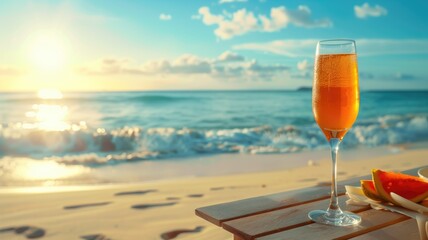 Beverage glass on beach table with sunrise and sea background - obrazy, fototapety, plakaty