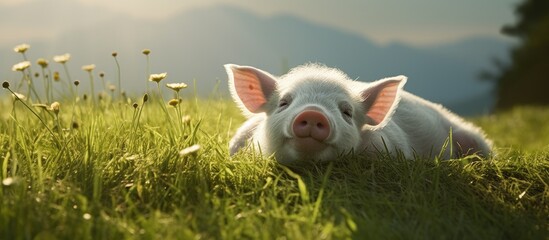 Laid-back pig enjoying a peaceful moment in lush pasture