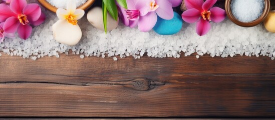 Bowls containing flowers and salt are placed on a rustic wooden table