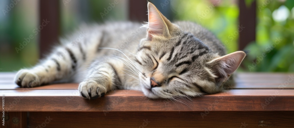 Wall mural The peaceful image shows a content cat peacefully dozing off on a rustic wooden table surface