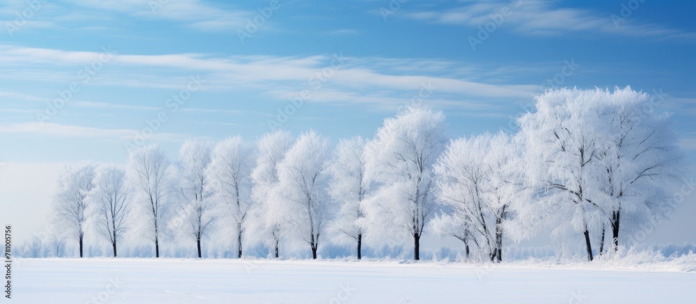 Poster Trees coated in frost stand in a field under a clear blue sky, creating a picturesque winter scene.