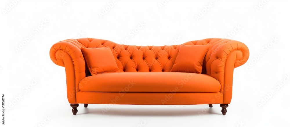 Canvas Prints An up-close view of an orange couch adorned with pillows, creating a cozy atmosphere in a living room setting.