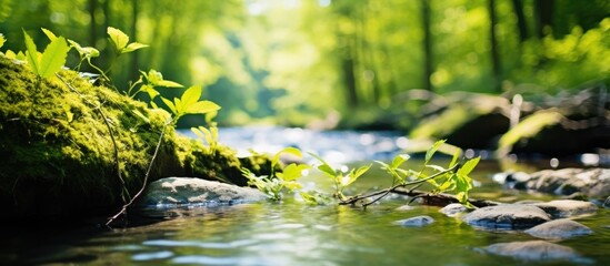 Obraz na płótnie Canvas The tranquil stream peacefully flows through a dense and vibrant green forest