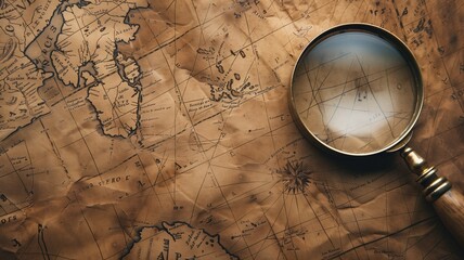 Magnifying glass resting on old, detailed world map with geographical features - obrazy, fototapety, plakaty