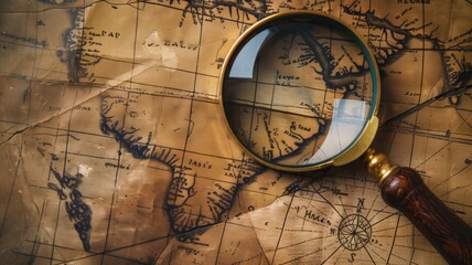 Magnifying glass rests on old, vintage map with intricate details and markings
