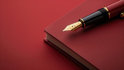 Elegant fountain pen on closed red notebook resting textured surface