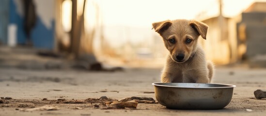 Cute little dog seated next to a food dish, resting peacefully in its surroundings - obrazy, fototapety, plakaty