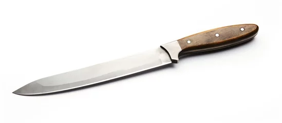 Fotobehang Close-up view of a sharp knife with a wooden handle placed on a plain white surface © Ilgun