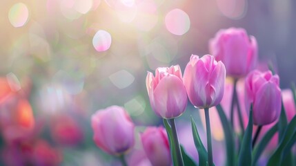 Obraz premium Pink tulips bloom in flower field