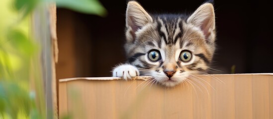 Tiny kitten with inquisitive eyes peering out from a cardboard box - obrazy, fototapety, plakaty