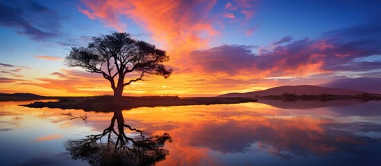 Obraz premium The serene image of a tree mirrored in the calm waters during a beautiful sunset