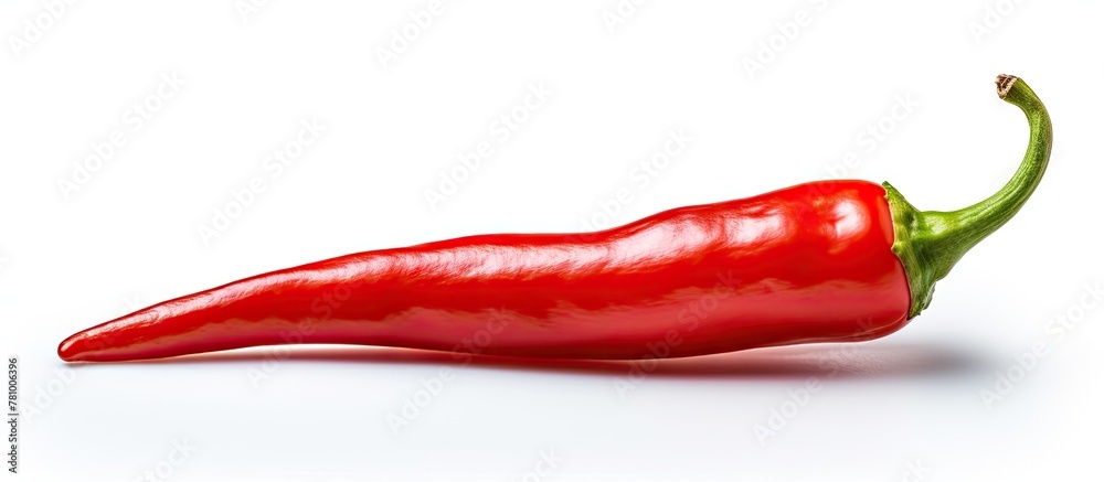 Poster A vibrant red chili pepper positioned on a clean white tabletop