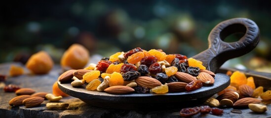 Close-up view of a wooden spoon filled with a mixture of nuts and raisins - obrazy, fototapety, plakaty