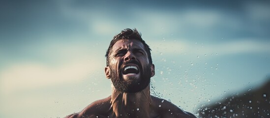 Man in water with mouth agape, expressing surprise or shock amidst aquatic surroundings - obrazy, fototapety, plakaty