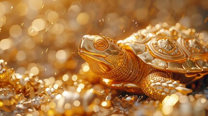Golden turtle in Taoism, closeup, spiritual aura, soft light, peaceful backdrop - obrazy, fototapety, plakaty