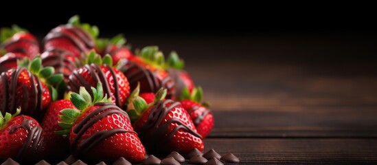 Fresh strawberries dipped in chocolate arranged on a rustic wooden table ready to be enjoyed - obrazy, fototapety, plakaty